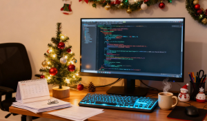 Office space decorated with Christmas ornaments