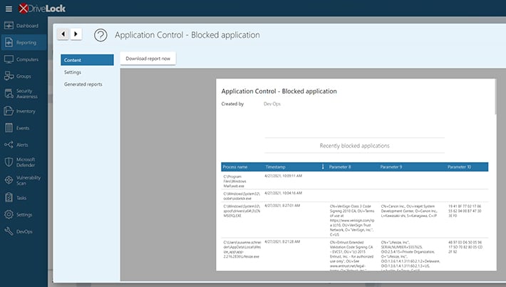 Drivelock Operations Center Reporting Application Control - Blocked Applications