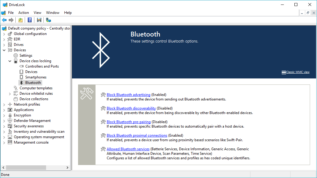 Bluetooth settings in the Device Control module