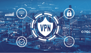 VPN graphic with lock, computer, network