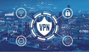 VPN-Grafik mit Schloss, Computer, Netzwerk