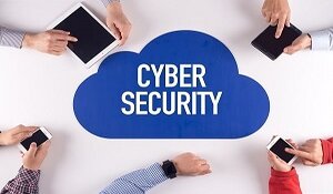 Cyber security cloud above four hands